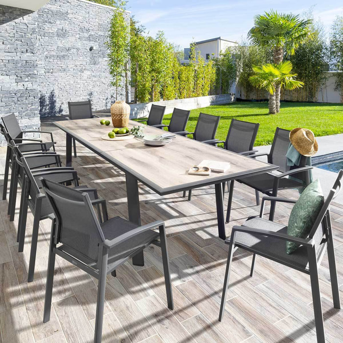 Table de jardin extensible "Pavane" graphite & pécan 12 places en aluminium traité époxy
