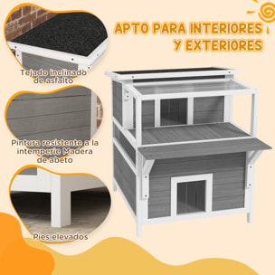 para Gatos de Madera 64x87x76 cm Casa para Gatos de 2 Niveles Refugio para Gatos con Techo Asfáltico Ventana y Puerta con Cortina para Interior y Exterior Gris Claro