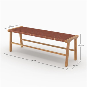 Banc 120 cm en cuir tressé marron et bois de teck - Kuna