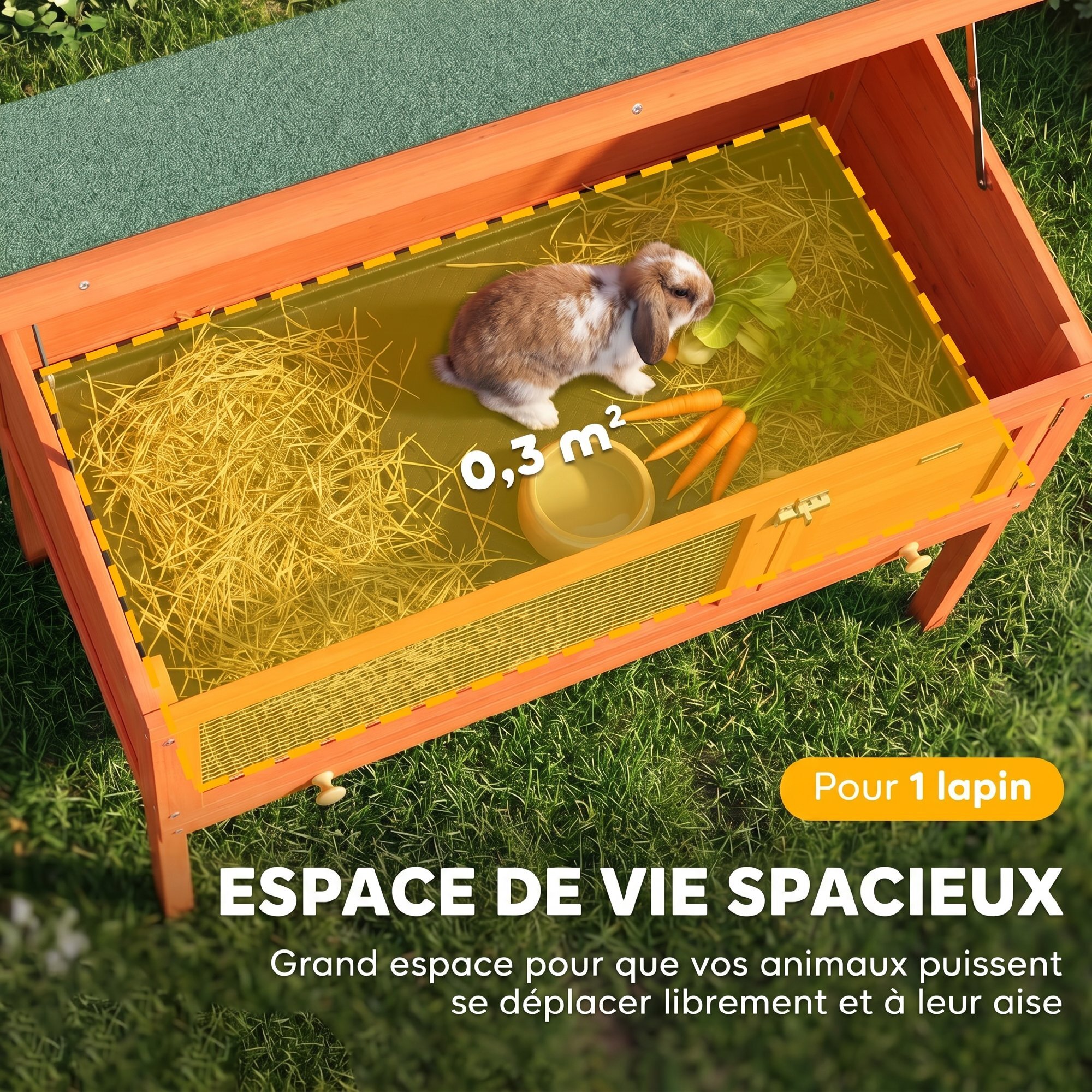 Clapier sur pied cage à lapin avec niche intérieure toit ouvrant porte verrouillable dim. 90L x 45l x 65H cm orange vert