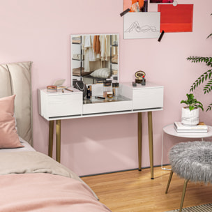 Tocador de Maquillaje con Espejo Tocador con Encimera de Vidrio Templado Visible 3 Cajones Mesa de Maquillaje Moderna para Dormitorio Blanco