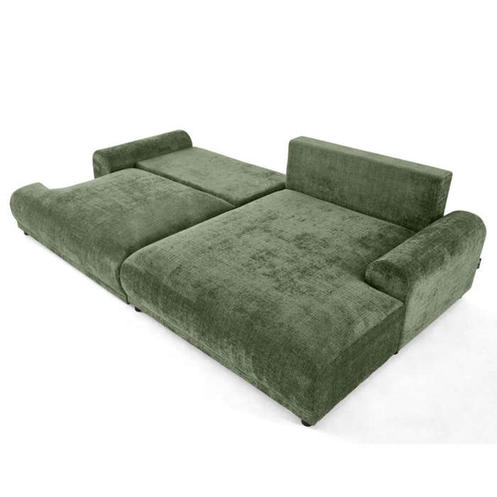Nelly - canapé d'angle droit 4 places convertible avec coffre en velours texturé - Vert sauge