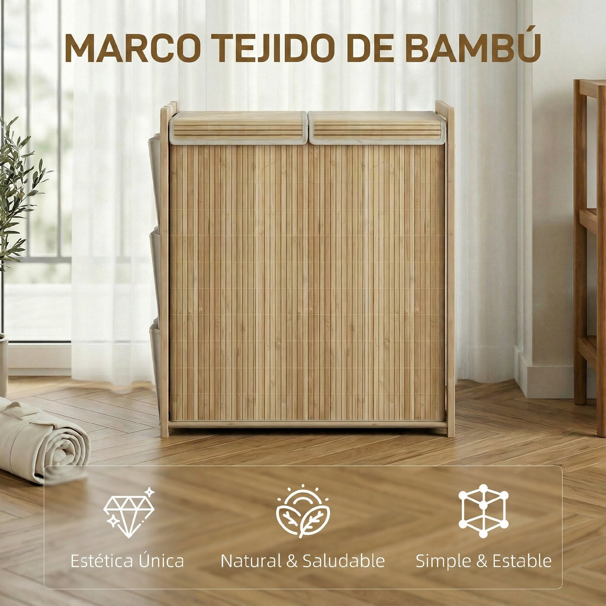 Cesto de Ropa Sucia con Tapa, 120L, Cesta Ropa Sucia de Bambú con 2 Compartimentos, Bolsas con Cordón Extraíbles y Lavables, Bolsillos Laterales, para Lavandería, 63x33x78 cm, Natural