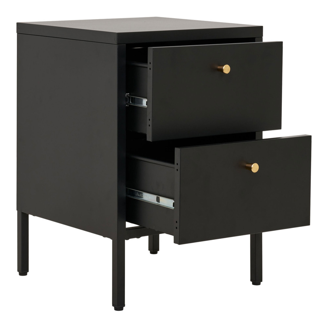 Comodino Dalby a 2 cassetti in acciaio nero con pomelli ottone 40×40×60 cm