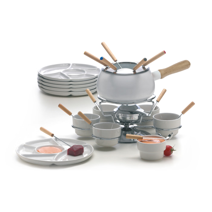 Set fonduta Excelsa Convivio, 28 pezzi, metallo e ceramica bianca