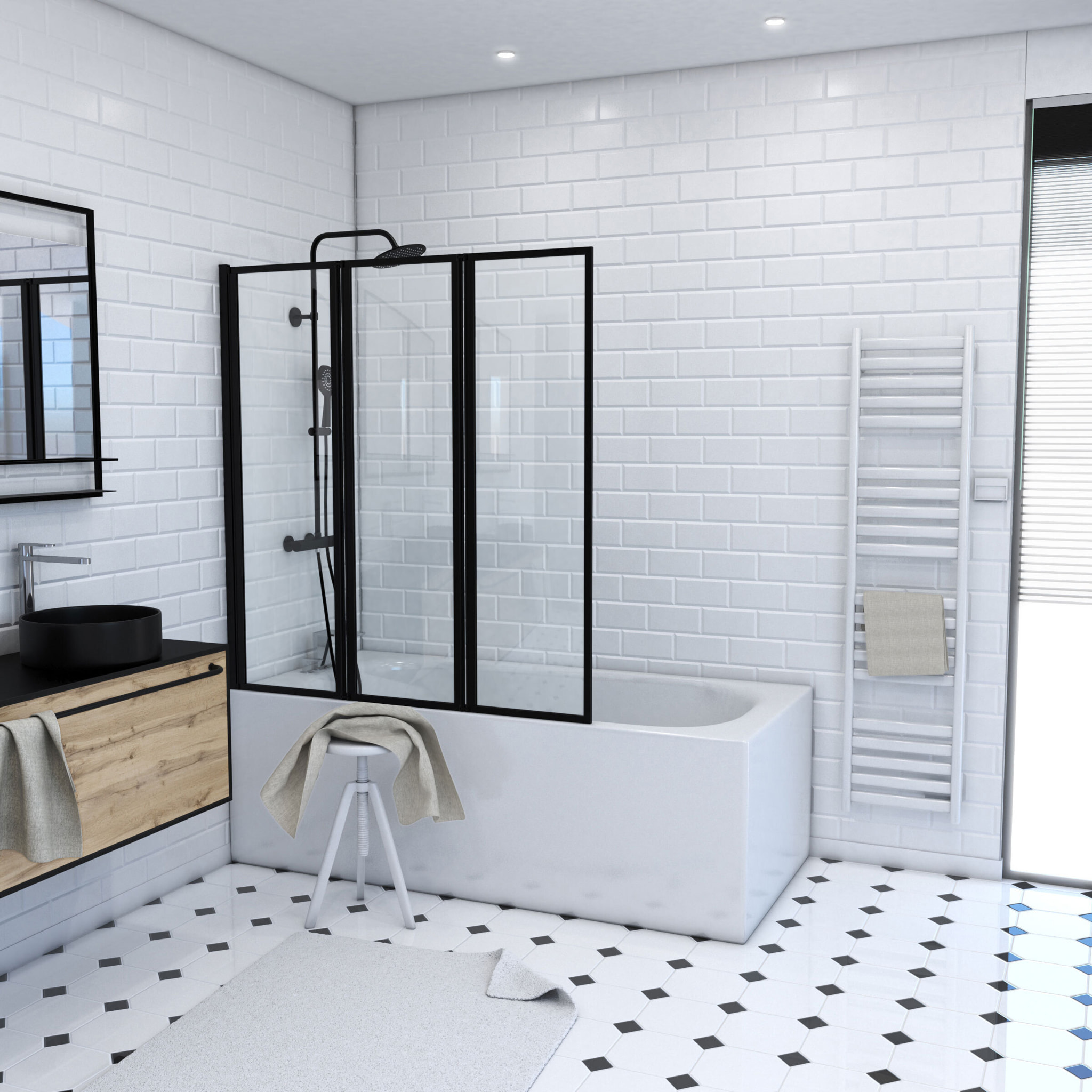 Pare baignoire Pivotant 3 Volets Noir Mat - 125x143 cm - Verre Trempé 4 mm - ZAGGY DARK