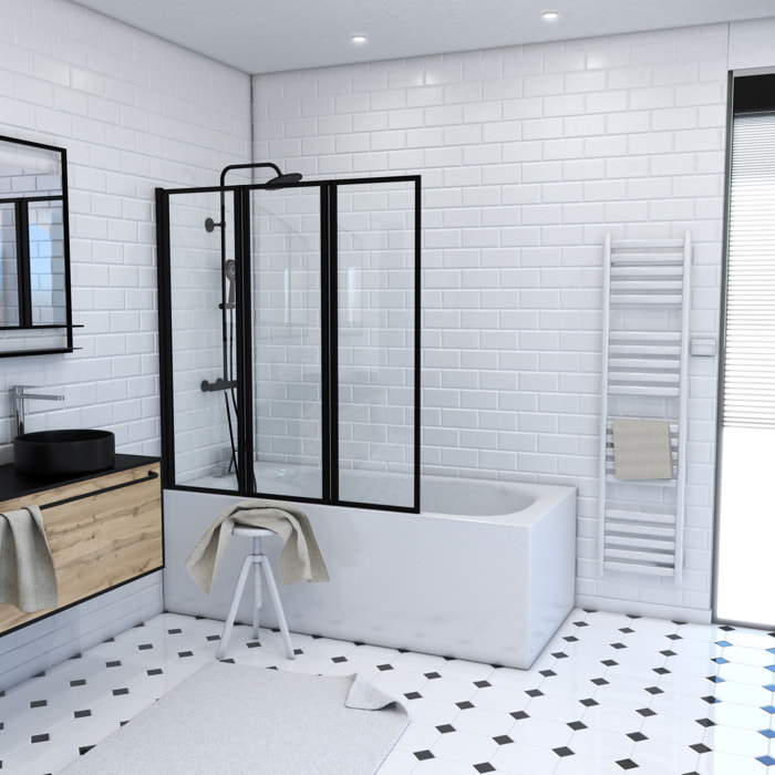 Pare baignoire Pivotant 3 Volets Noir Mat - 125x143 cm - Verre Trempé 4 mm - ZAGGY DARK