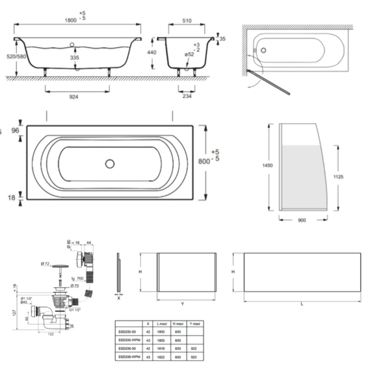 Baignoire droite 180 X 80 Elise acrylique + pare bain volet gauche + tablier en niche + vidage