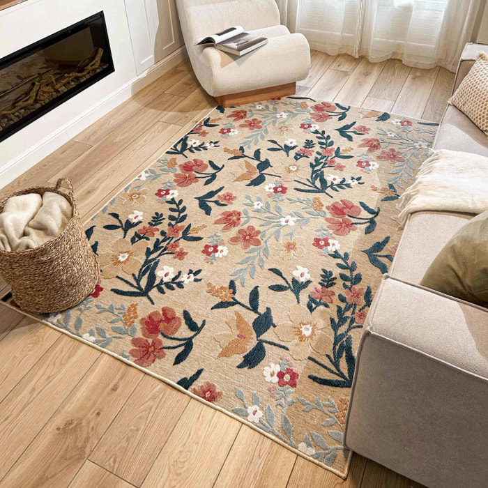 GARDEN - Tapis d'intérieur / extérieur à motif floral beige, rouge, blanc, bleu