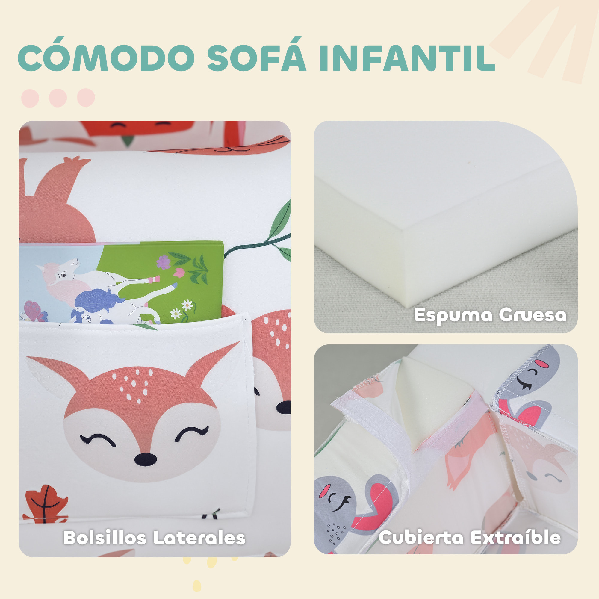 Sillón Infantil con Estampado de Zorros, Sofá para Niños de 18-36 Meses con Funda Extraíble y Lavable, Bolsillo Lateral, Reposabrazos, Carga 45 kg, Blanco