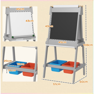 Pizarra Infantil Caballete de Pintura para Niños 3 en 1 Pizarra de Doble Cara con Rollo de Papel Borrador y Cajas de Almacenamiento Gris