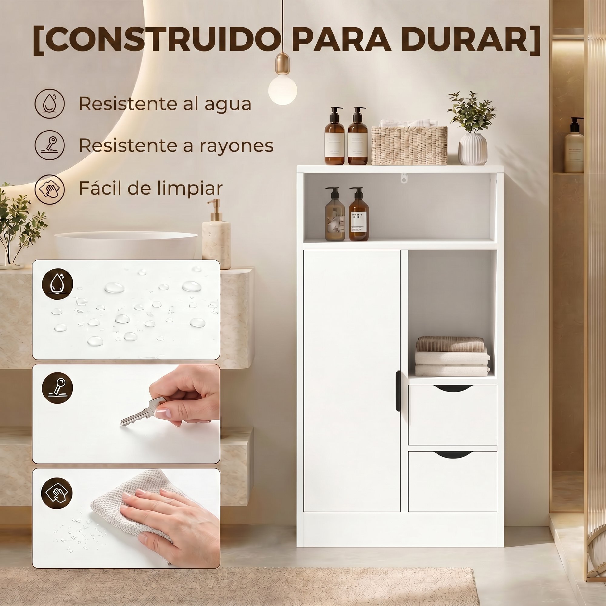 Mueble de Baño Estrecho Armario de Baño con 2 Cajones Compartimento Abierto y Estante Ajustable para Espacio Pequeño Cocina Salón 50x25x100 cm Blanco