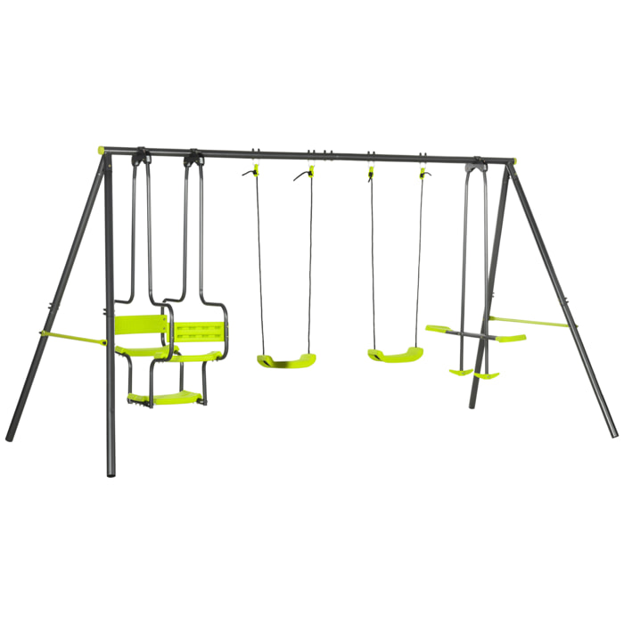 Juego de Columpio Infantil Exterior con 2 Columpios Asientos Abatibles Balancín y Marco de Acero Columpios para Niños de 3-8 Años 355x184x186 cm Verde