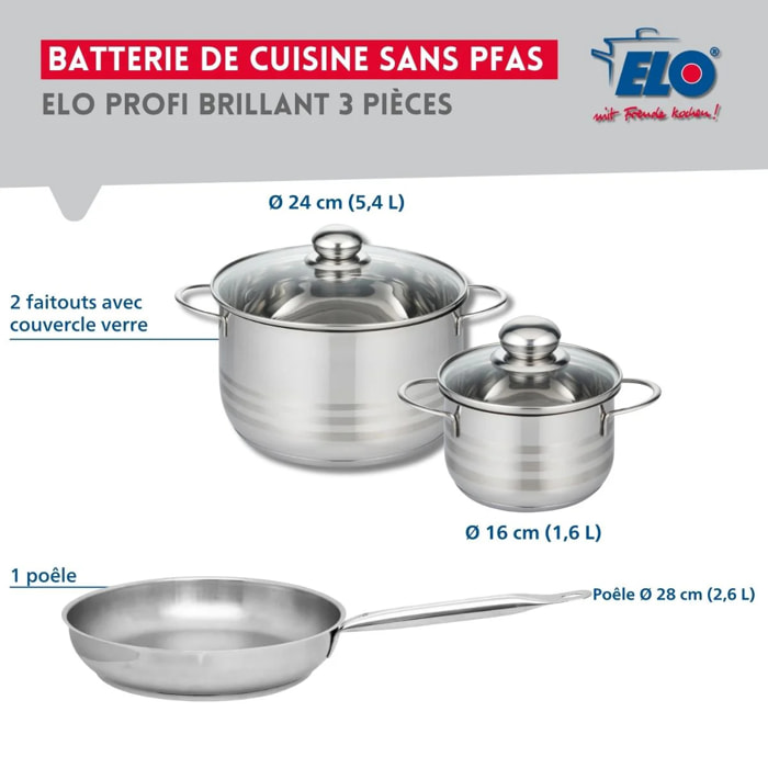 Ensemble de 1 Poêle de cuisson 28 cm et 2 faitouts 16 et 24 cm Elo Profi Brillant