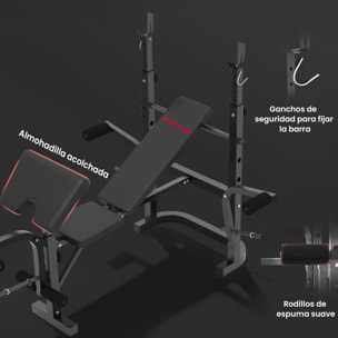 Banco de Musculación Multifuncional Inclinable, Banco de Pesas, Press Banca con Soporte para Barra Ajustable, Extensión Piernas, Curl de Predicador, Mariposa, Entrenamiento en Casa, Gimnasio