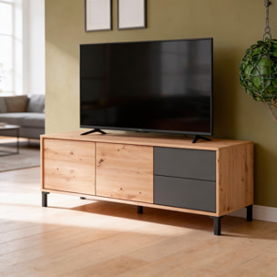Mobile TV Madia Credenza Moderna Con 2 Ante E 2 Cassetti Mobile Contenitore Soggiorno Sala Pranzo Apertura Push 47x130x41 Cm Rovere e Grigio Antracite
