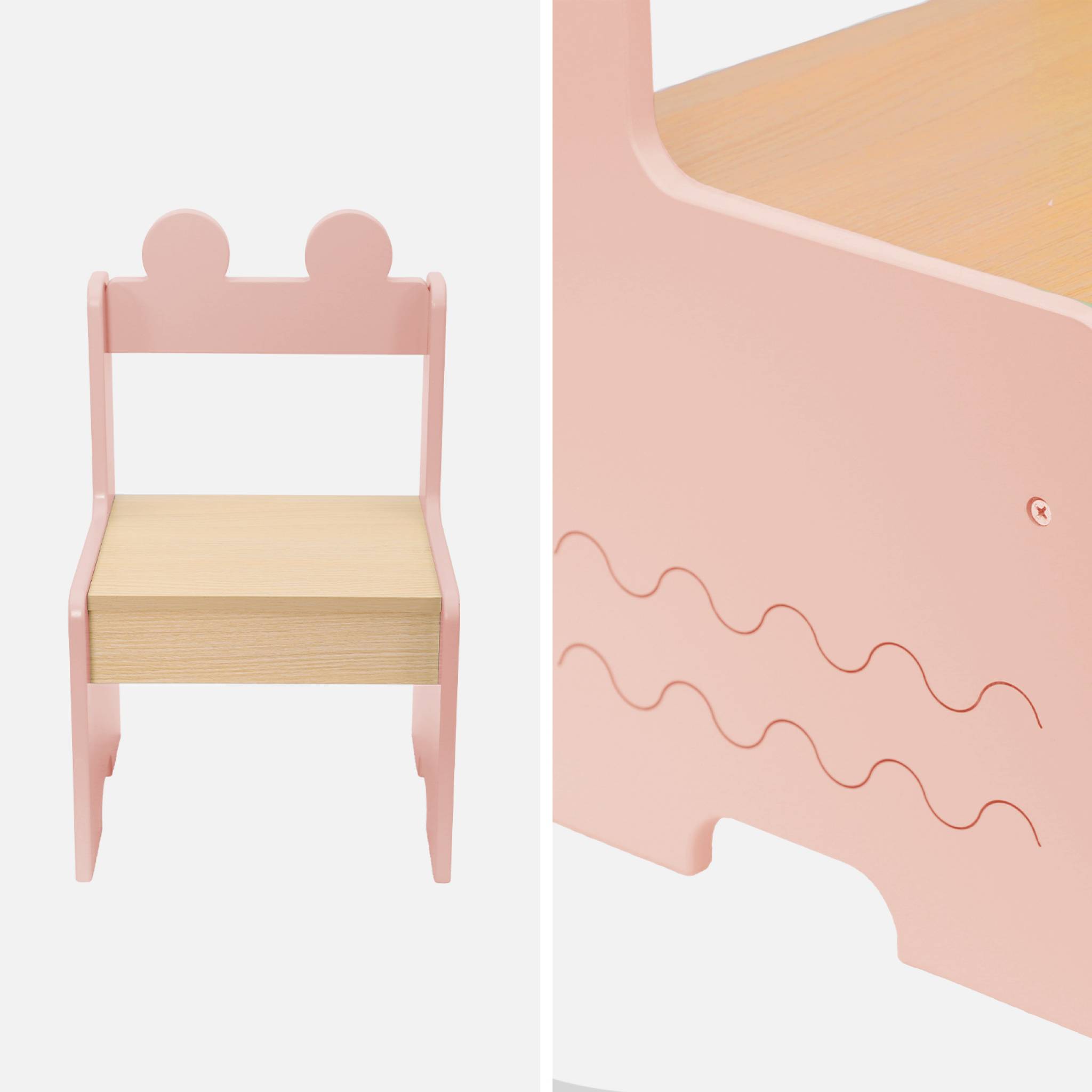 Table enfant + 2 chaises. avec étagères. rose