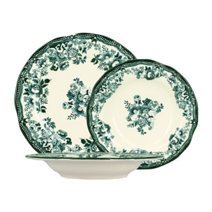 Service de table 36 pièces en porcelaine blanche et verte FAUSTINE