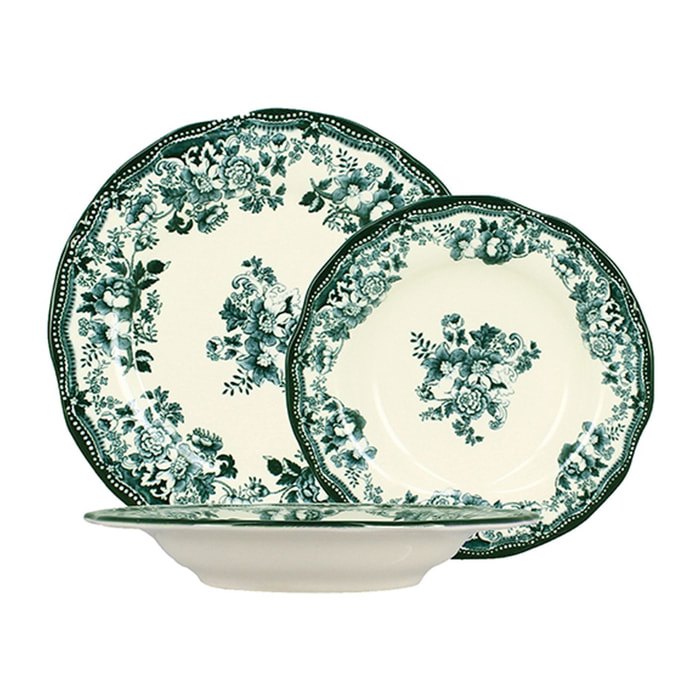 Service de table 36 pièces en porcelaine blanche et verte FAUSTINE
