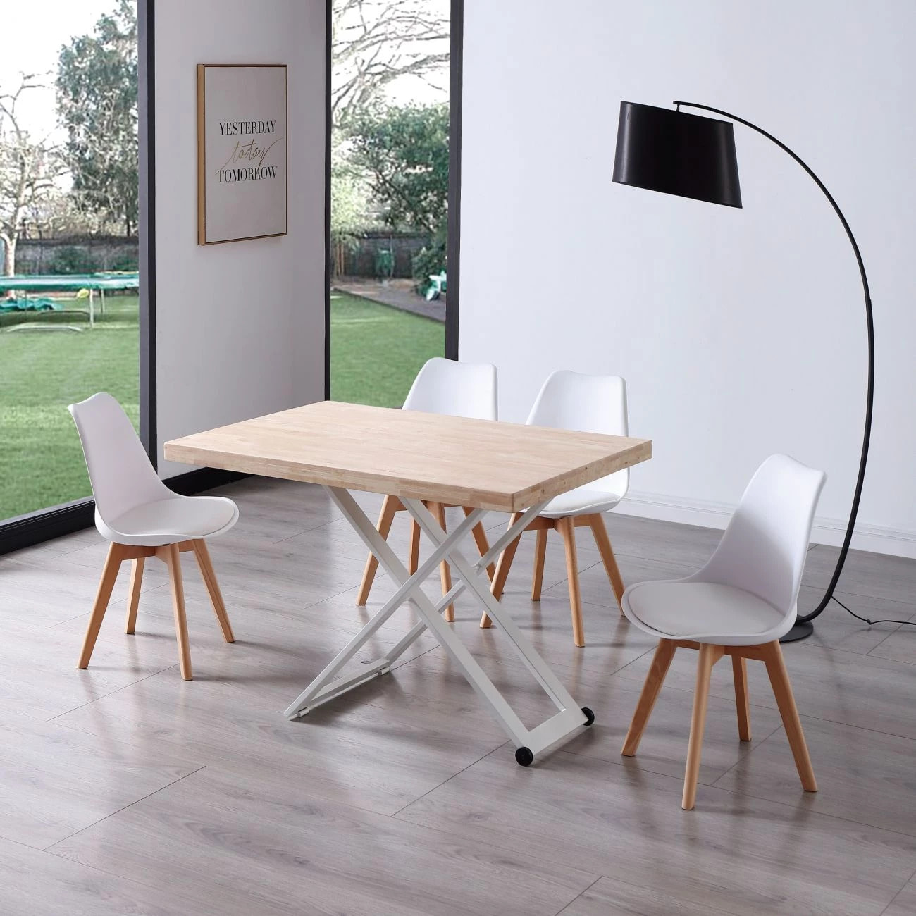 Mesa de centro elevable con patas metálicas y ruedas en blanco y roble 120x49-76 cm Lada Blanco - Roble