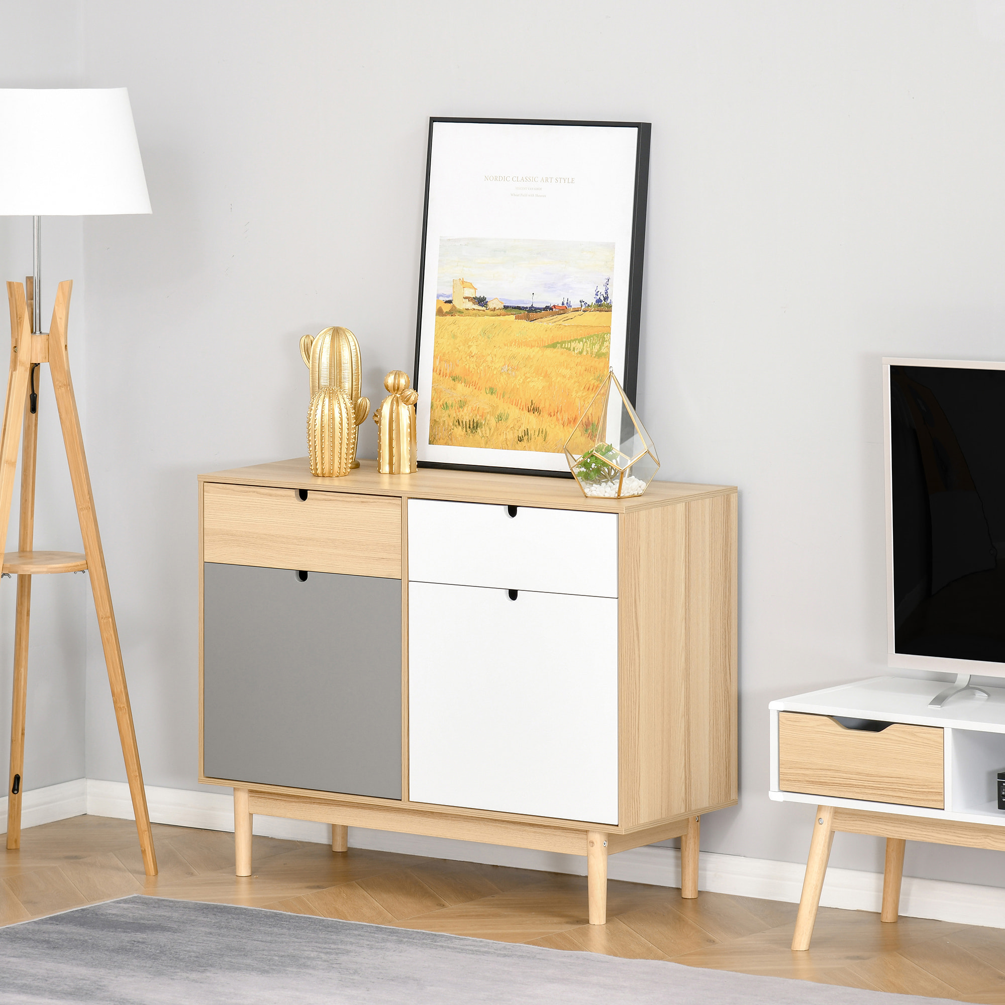 Buffet design scandinave 2 placards tiroirs coulissants MDF multicolore blanc gris bois clair