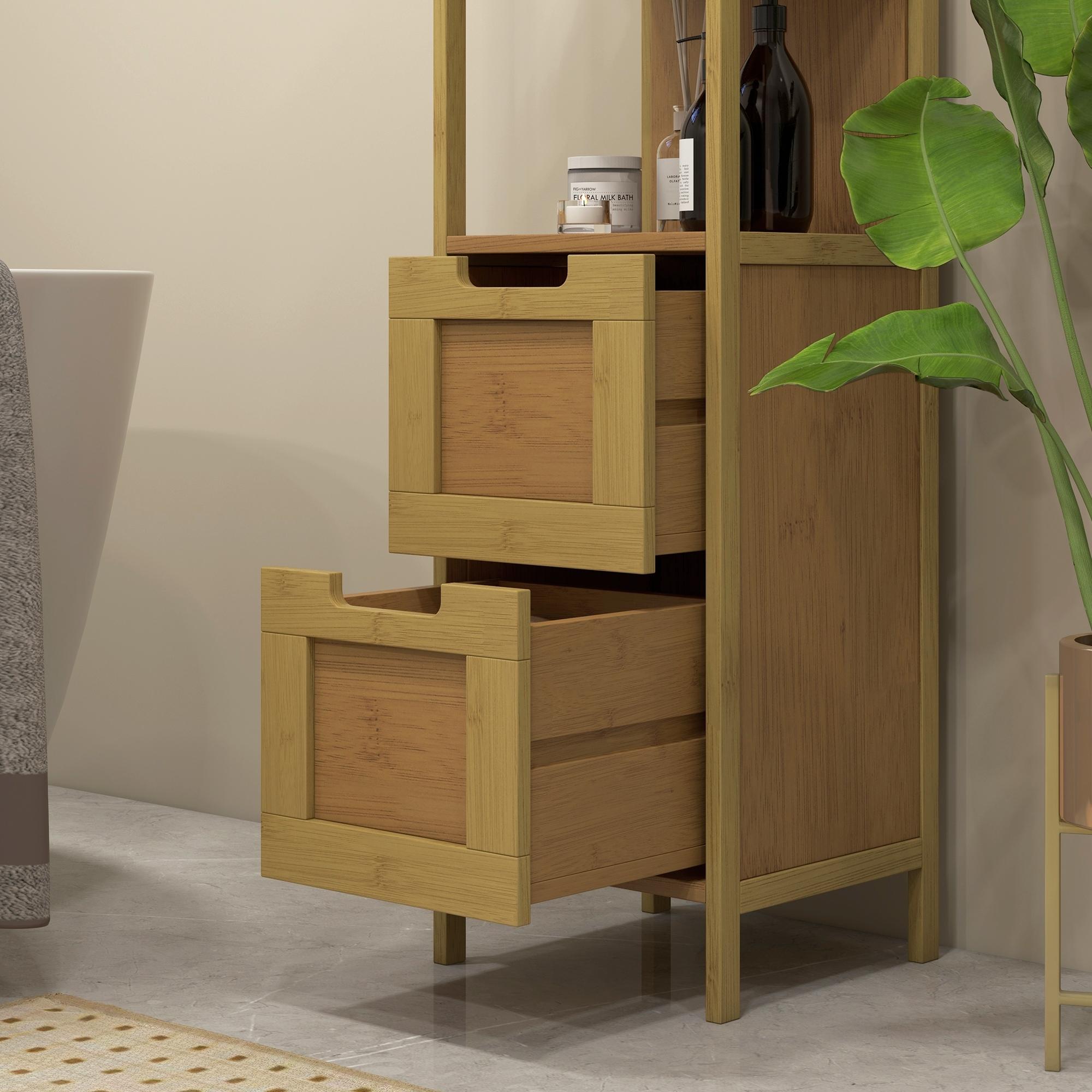 Meuble colonne rangement salle de bain style cosy dim. 30L x 30l x 144H cm 3 étagères 2 tiroirs bambou MDF aspect bois clair