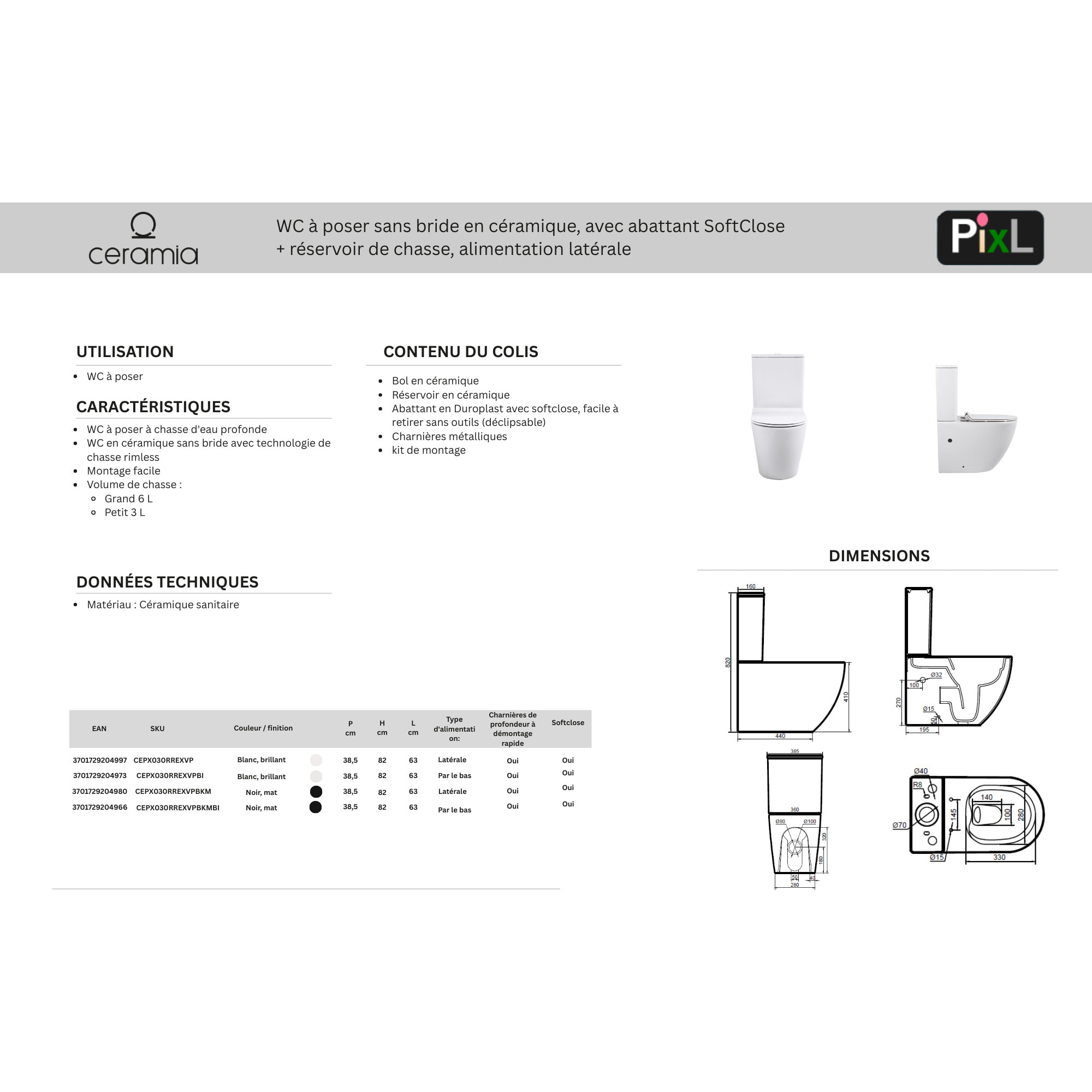 PixL WC à poser sans bride + abattant SoftClose + réservoir de chasse, alimentation latérale, blanc brillant (CEPX030RREXVP)