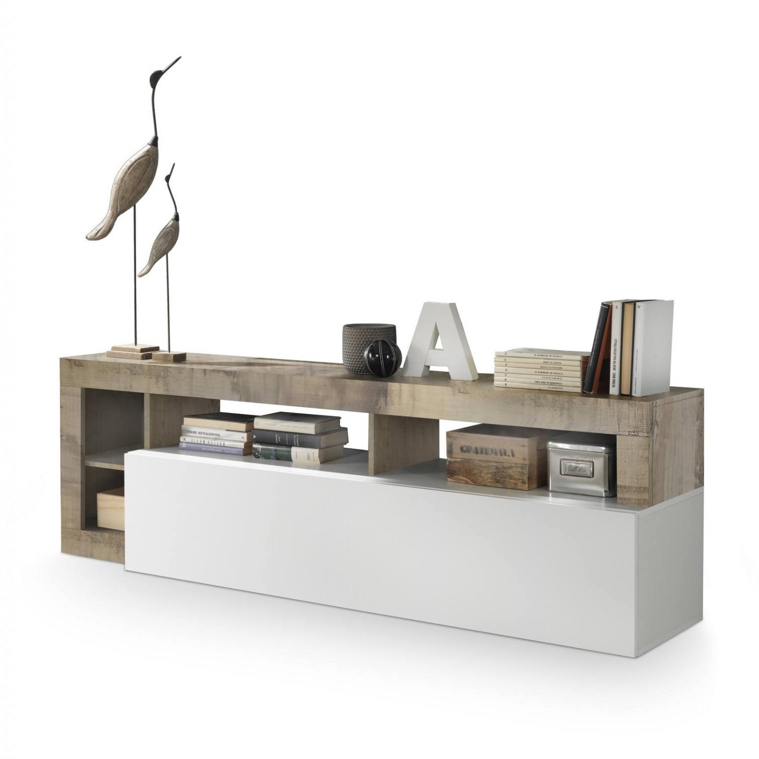 Mobile da soggiorno Porta TV, Made in Italy, Credenza per TV da salotto a 1 anta e vani aperti, cm 184x42h58, colore Bianco lucido e Pero