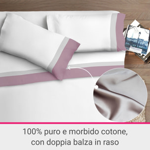 Completo letto doppia balza RASO IPERSAN Puro Cotone Malva/Grigio CH fondo Bianco