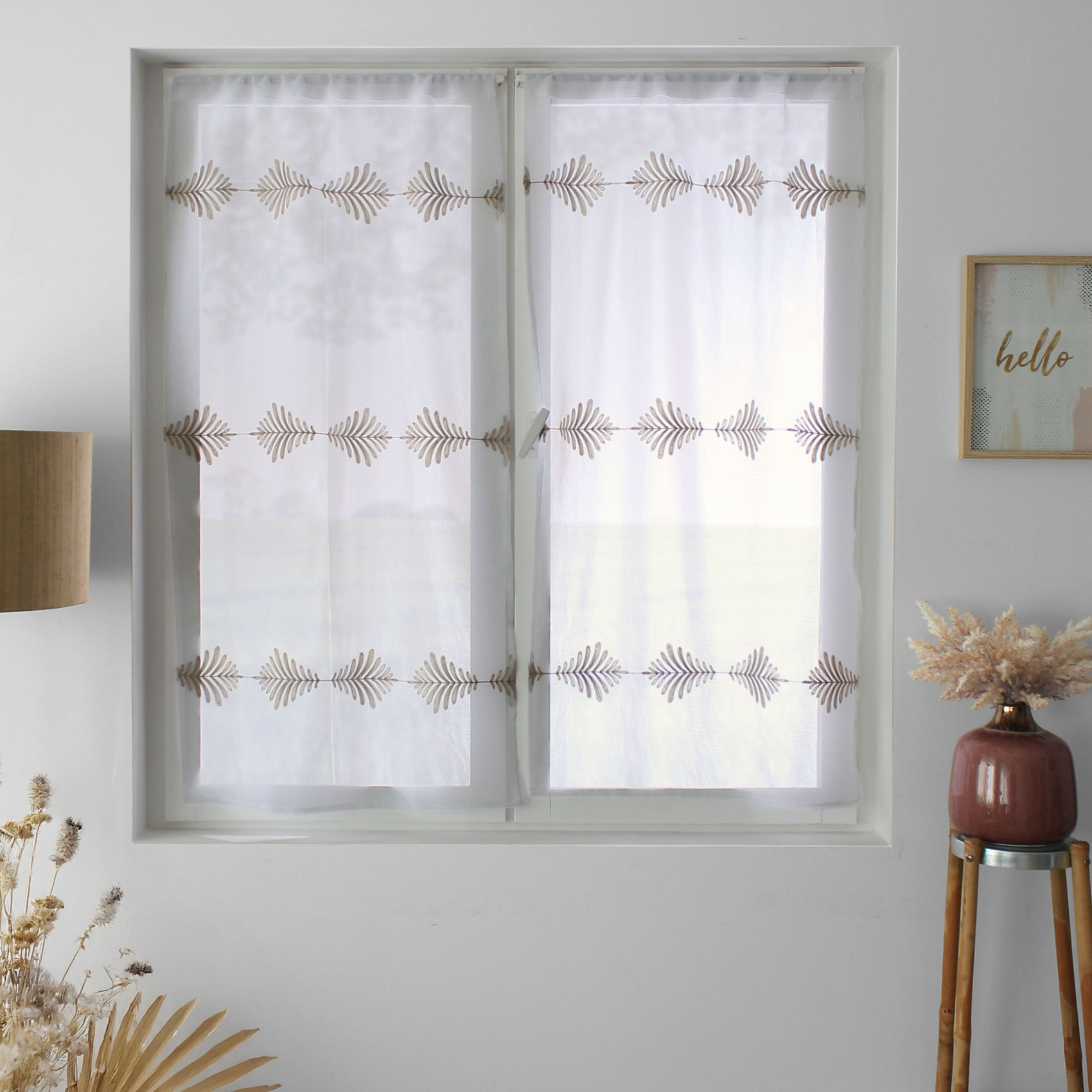 Paire de petits vitrages brodés feuillage - Beige