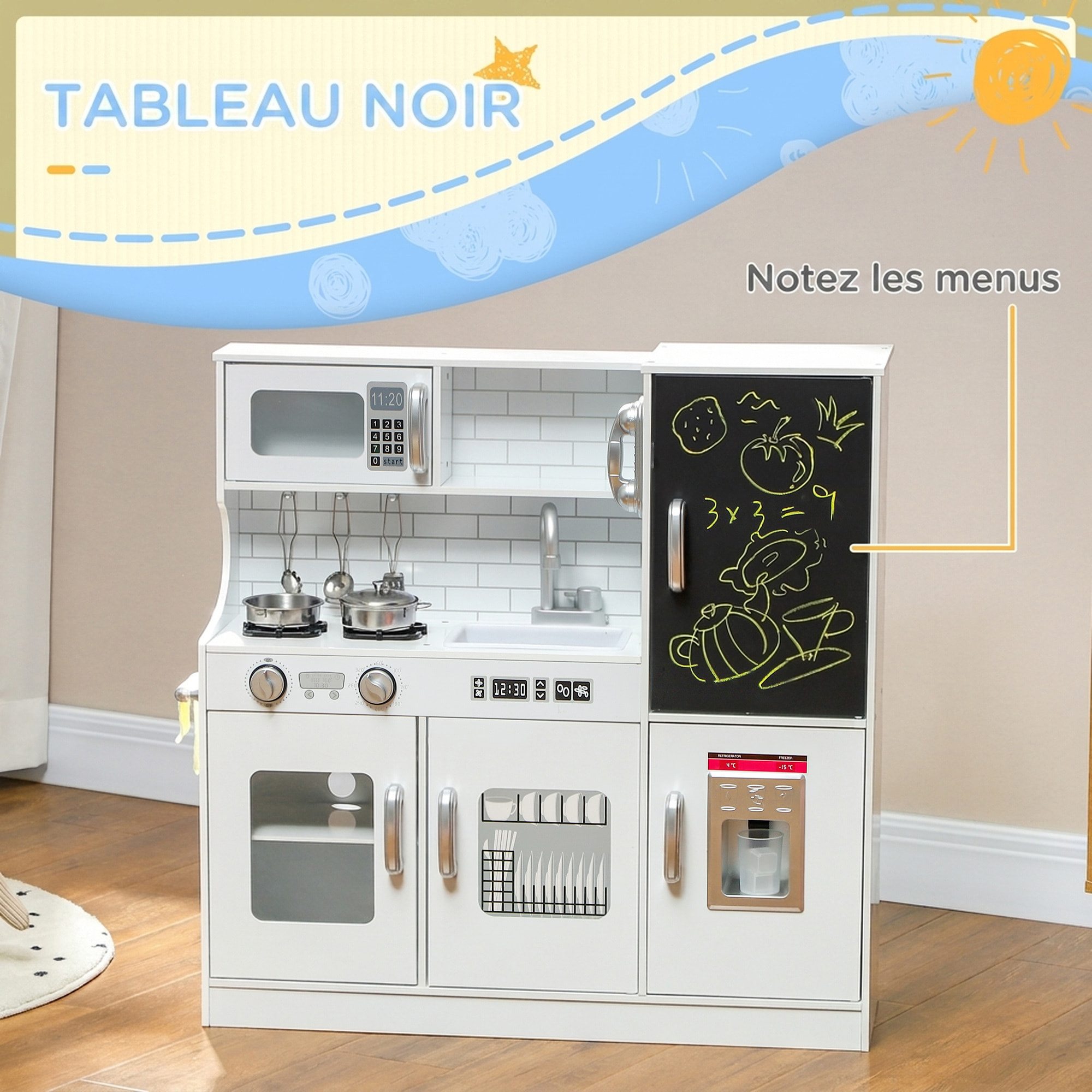 Cuisine enfant - jouet d'imitation cuisine multi-équipée - 5 accessoires acier inox - blanc