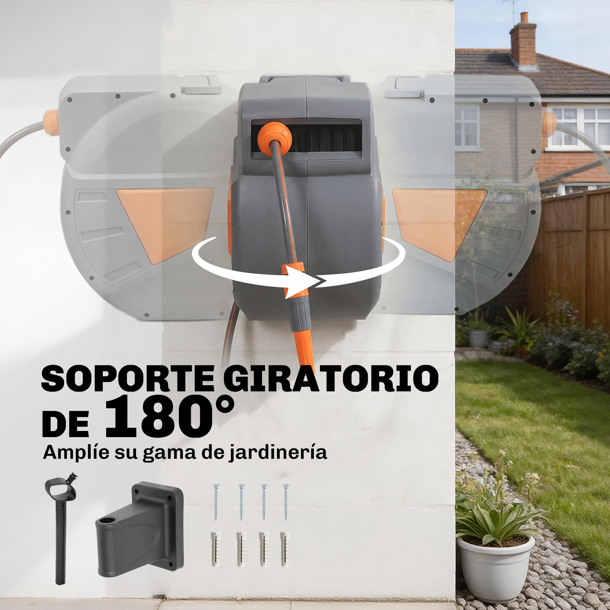 Enrollador de Manguera para Jardín 30+2 m con Boquilla de 2 Modos, Carrete de Manguera de Jardín de Pared con Bloqueo Automático y Retracción Controlada, Soporte Orientable 180°, Naranja