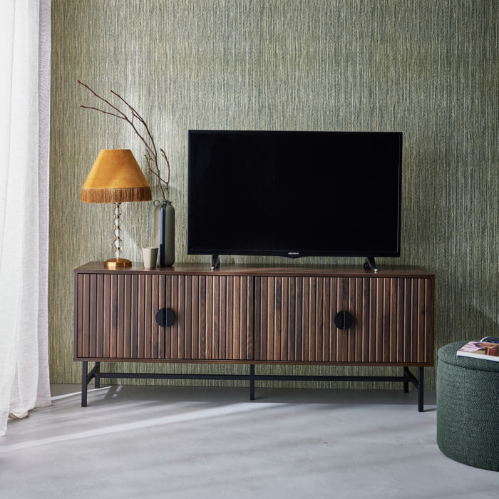 Meuble TV décor bois rainuré 4 portes 157,5cm BAZALT