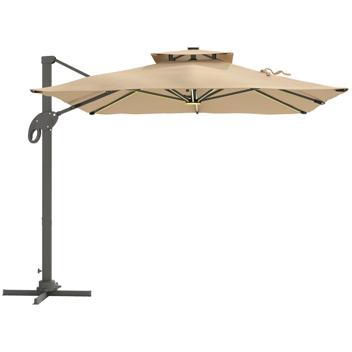 Parasol déporté LED carré double toit inclinable pivotant 360° manivelle piètement acier dim. 3L x 3l x 2,66H m beige