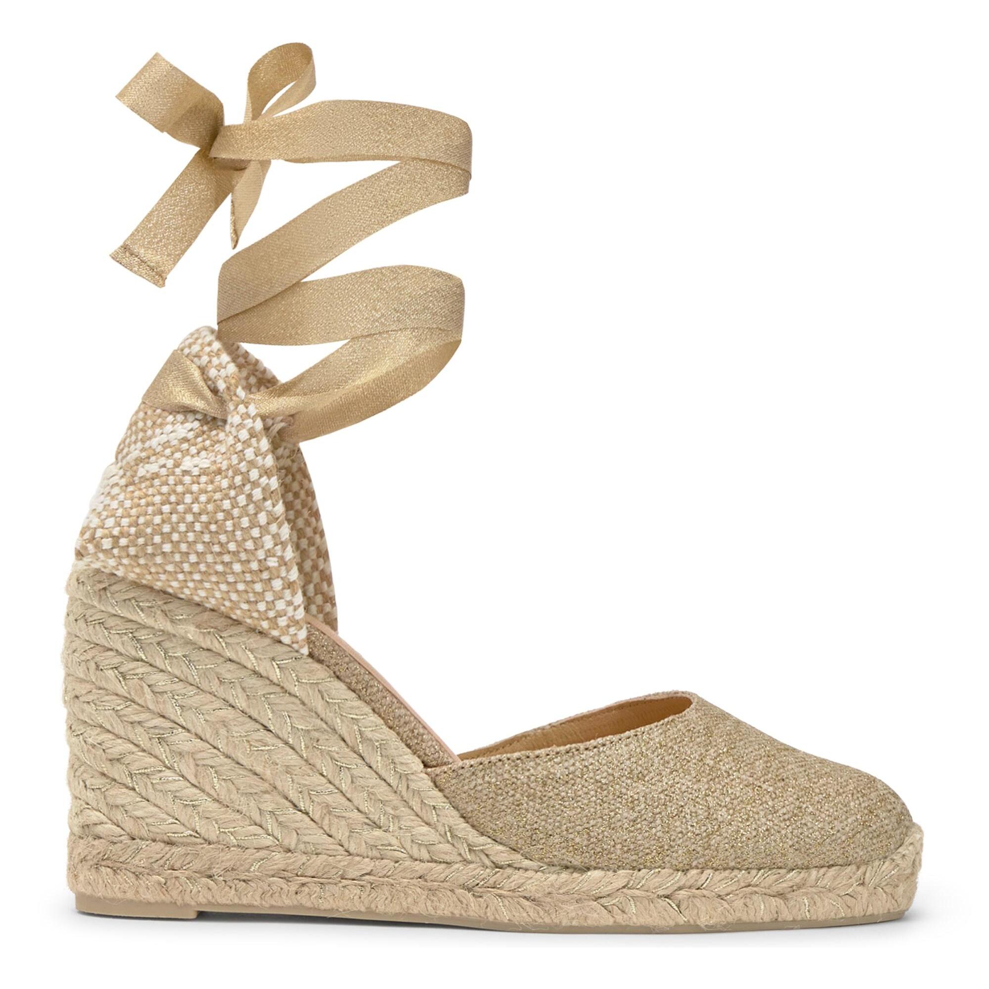 Alpargatas de cuña de mujer Carina en lino metalizado, cierre mediante lazada