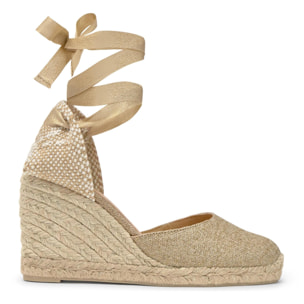 Alpargatas de cuña de mujer Carina en lino metalizado, cierre mediante lazada