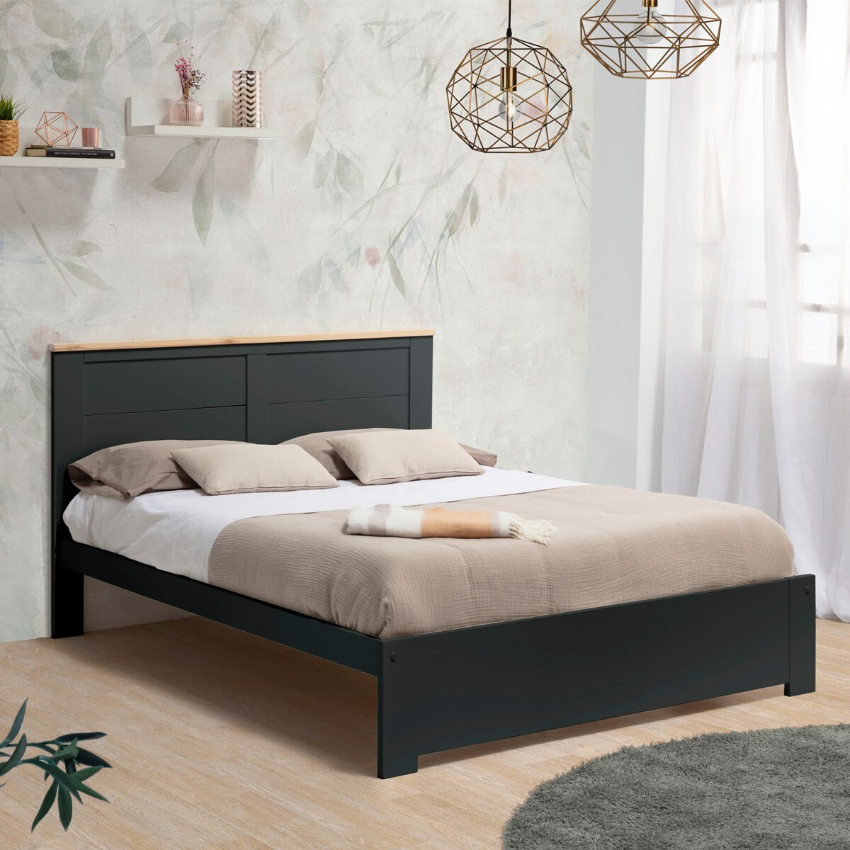 Lit adulte avec tête de lit en bois - NEVEA