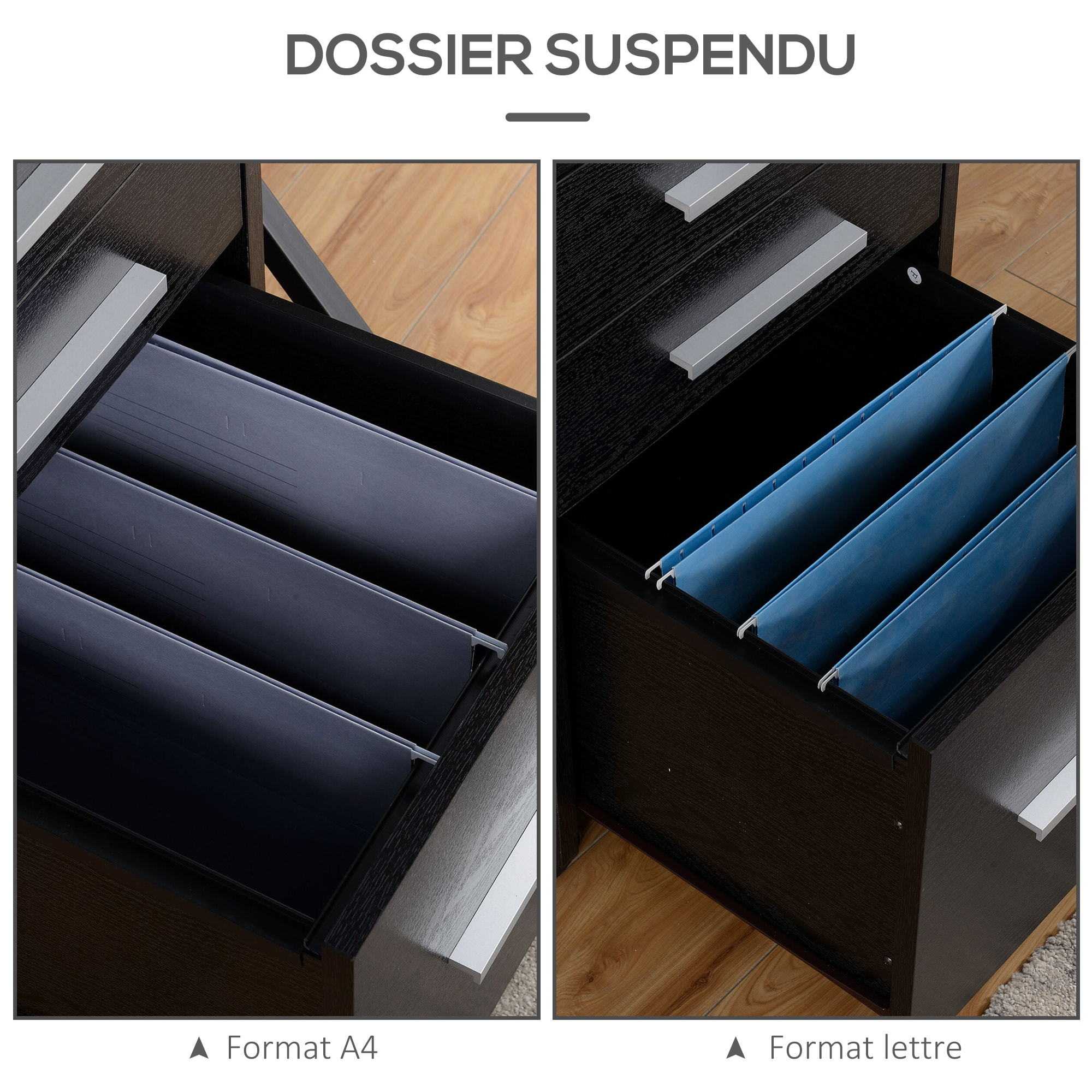 Caisson de bureau rangement bureau sur roulettes 3 tiroirs 1 verrouillable 1 trieur dossiers effet bois noir