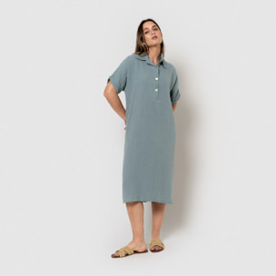 Vestido midi manga fluida muselina índigo