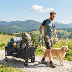 Carro Playa con Ruedas, Carro de Jardín Plegable con Mango Ajustable, Marco de Metal, Carga 68 kg, Carrito Transporte para Todo Terreno, Jardín, Campaña, Compra, Negro