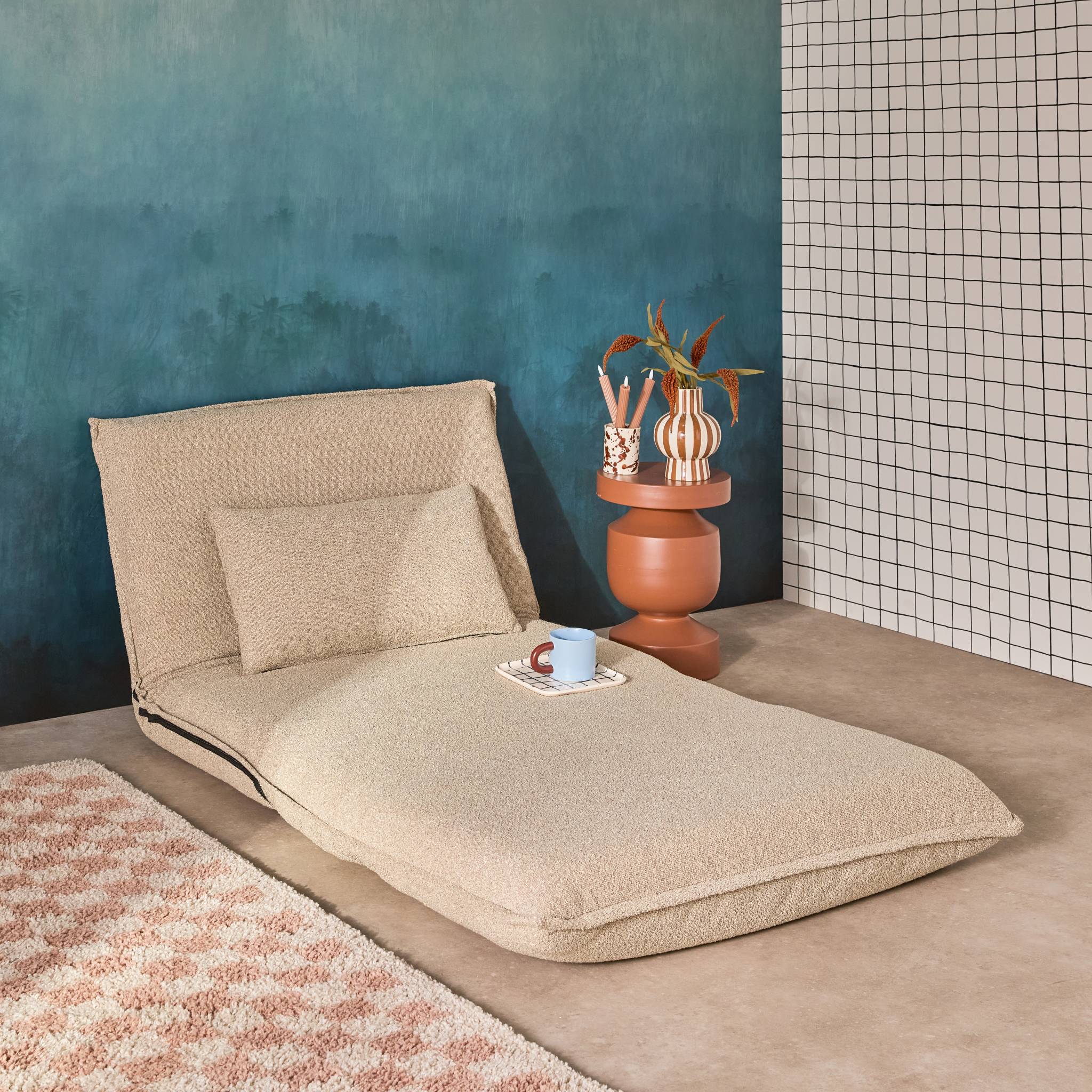 Chauffeuse convertible 1 place en bouclette texturée beige L 99 x P 80 x  H 66 cm - Fleeep