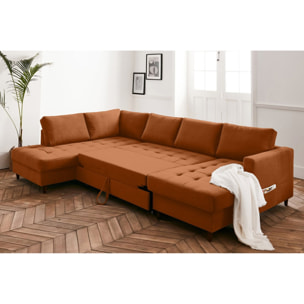 Anna - canapé panoramique d'angle gauche - 7 places - convertible avec coffre - en velours - Rouille