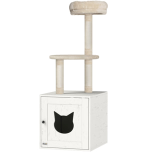 Arbre à chat maison de toilette 2 en 1 - H.129 cm - porte tête de chat - plateforme panier observation - blanc crème