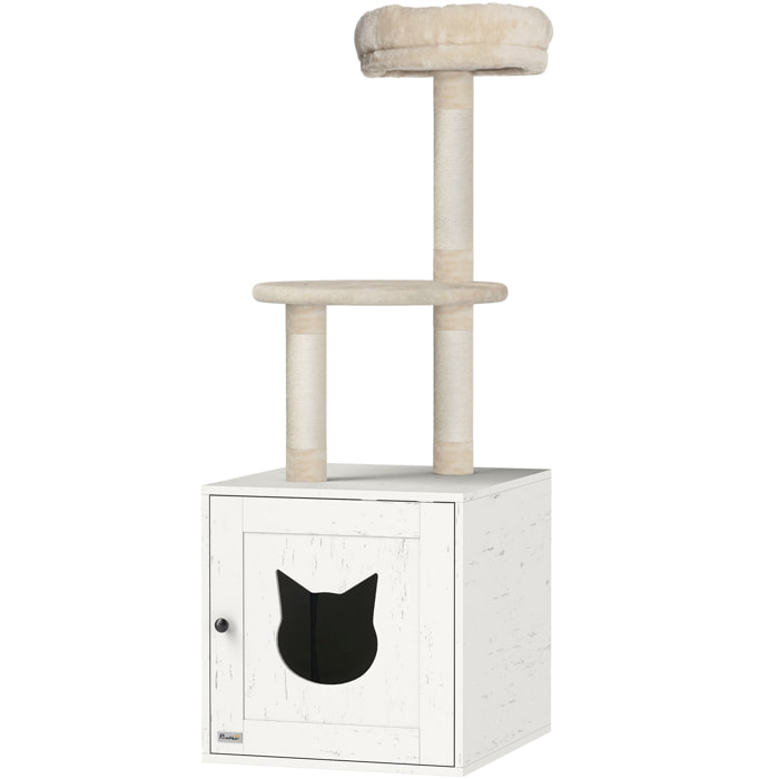 Arbre à chat maison de toilette 2 en 1 - H.129 cm - porte tête de chat - plateforme panier observation - blanc crème