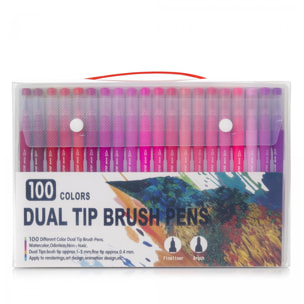 Set 100 Rotuladores color doble punta, punta fina 0,4 mms y punta pincel acuarelable profesional. Forma triángular ergonómica para lettering, caligrafía, ilustraciones…