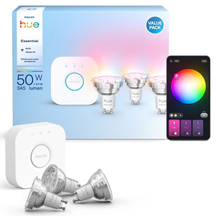 Pack PHILIPS HUE Essential- 3/GU10+Pont White&Color Ambia