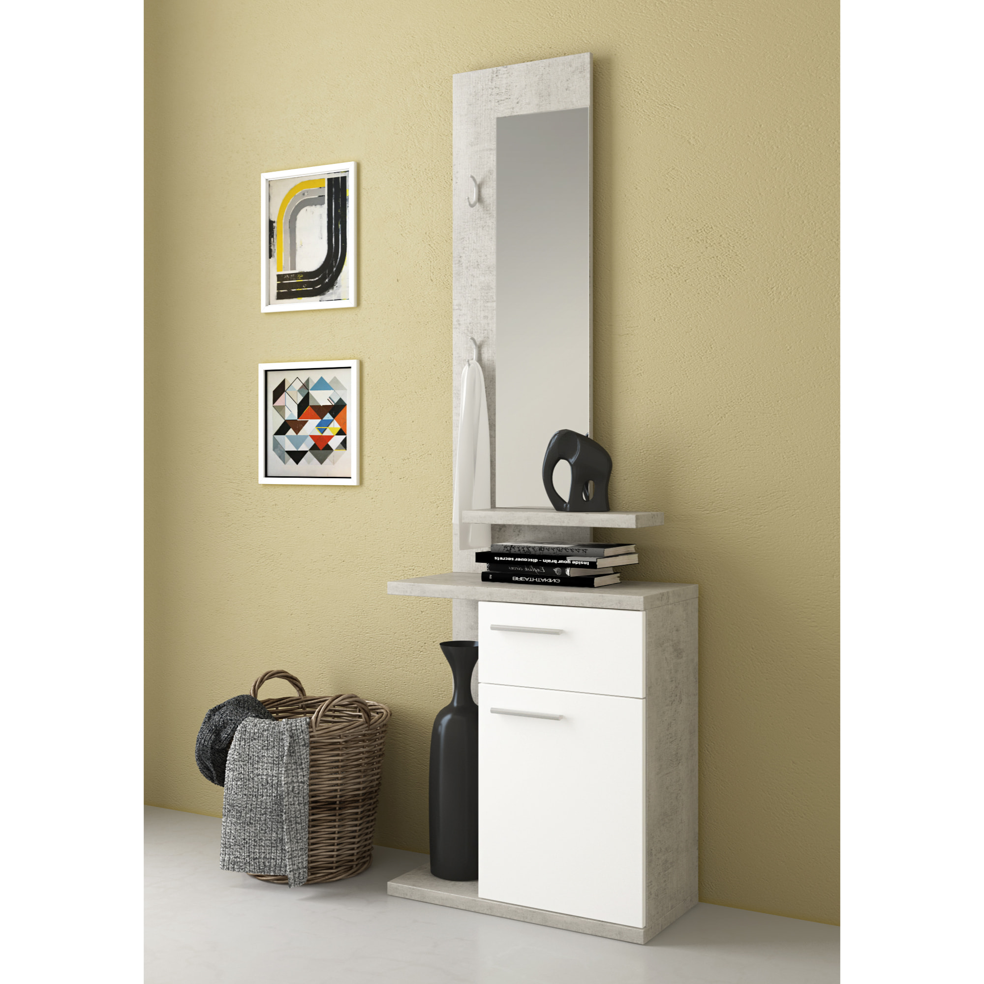 Mobile Da Ingresso Set Con Specchio E Scarpiera a Ribalta Mobile Salvaspazio Con Cassetto e Ripiani Per Ingresso 61x28x185 Cm Bianco E Grigio Cemento