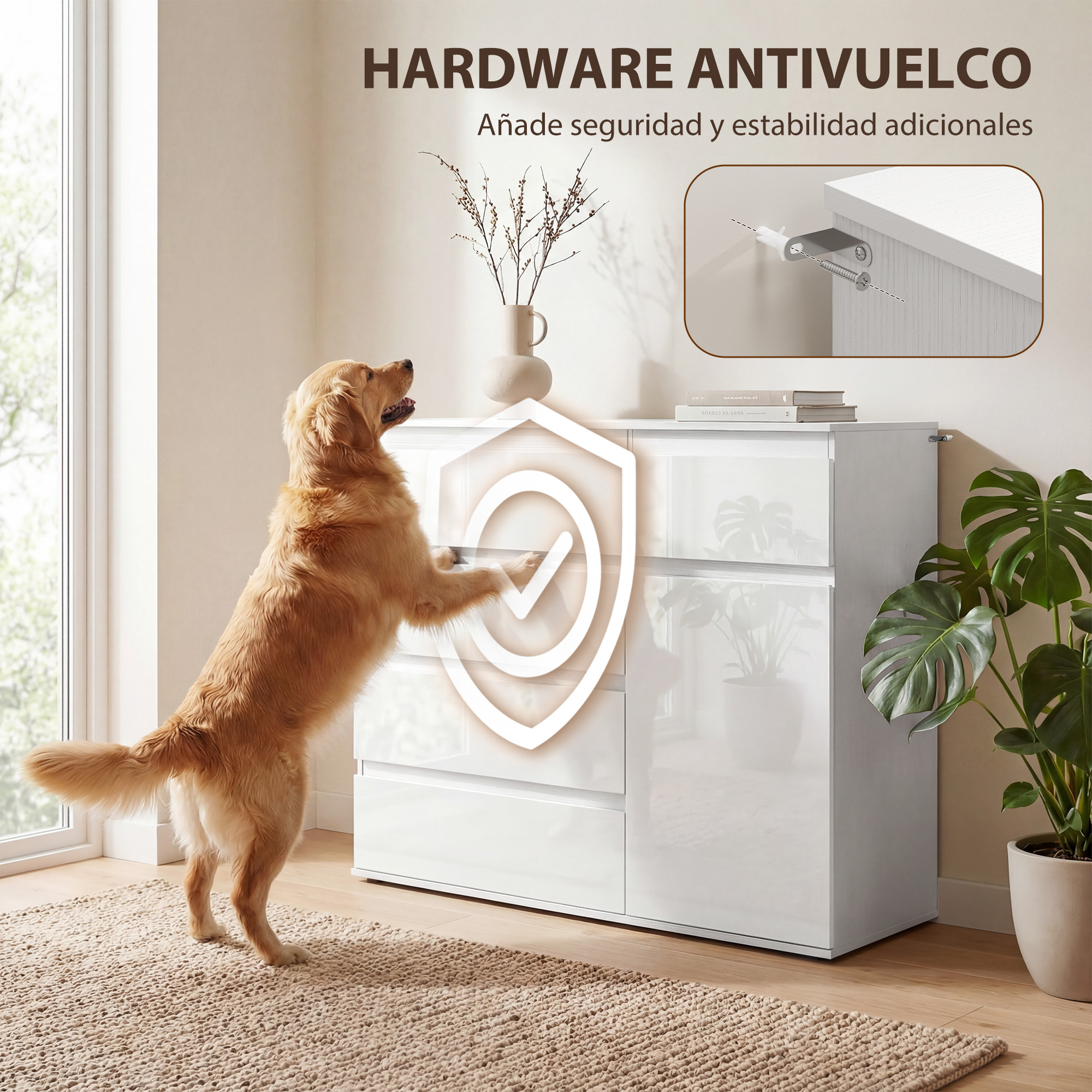 Aparador con 5 Cajones, Aparador de Salón con Estantes Ajustables, Puerta de Cierre Suave, para Cocina, Entrada, Dormitorio, Blanco Brillo, 100x40x80 cm