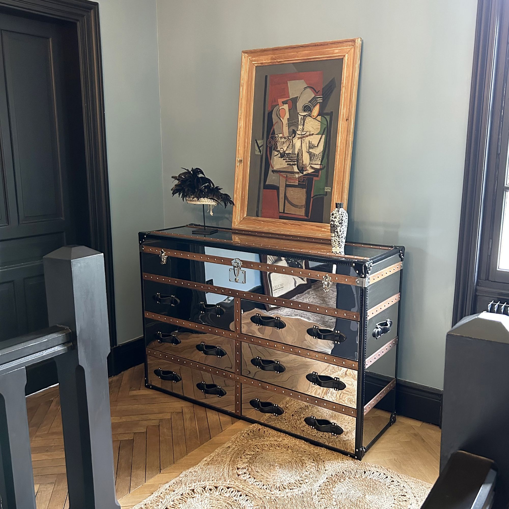 Commode 6 tiroirs en acier inoxydable et cuir  ILLIADE