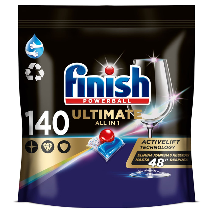 Finish Powerball Ultimate pastillas lavavajillas | 140 cápsulas lavavajillas | Eficaz contra manchas resecas | Aroma regular